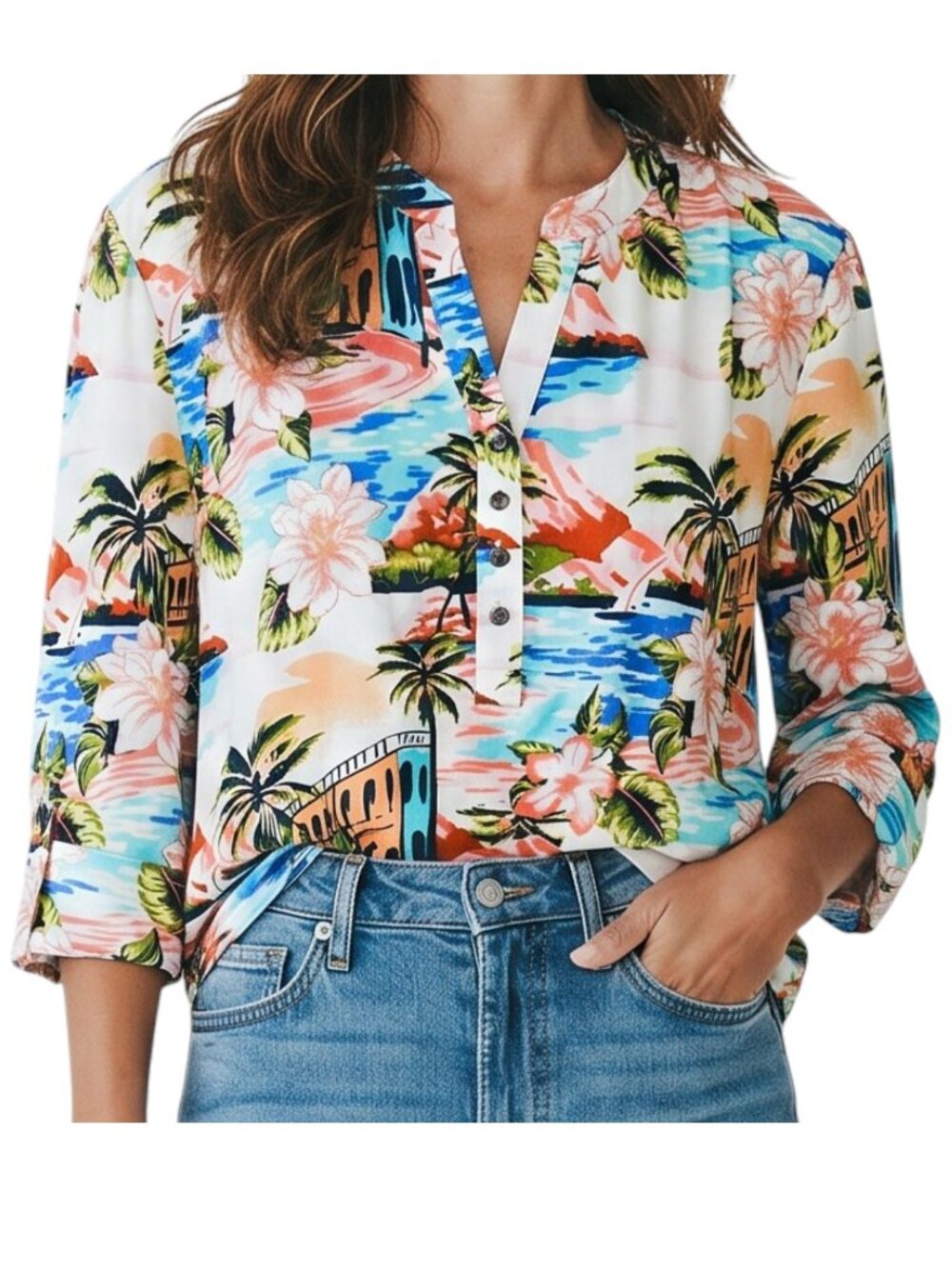 AVA & GRACE Blue Peach Green White Tropical Theme V-Neck Blouse - Petite Large